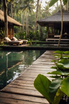 A wooden bridge leads to a pool with a view of palm trees
