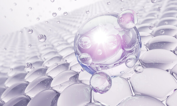 Cosmetic serum Oil drop on skin cell, Skin Repair, moisturizer, collagen serum, Exosome with Skin cells, 3d rendering.