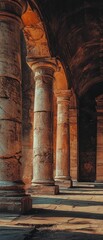 Ancient stone columns and archways create a sense of history and architecture.