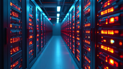 ic data center neon lights featuring rows servers vibrant orange blue lights dynamic perspective