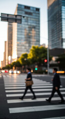 City Crossing: Blurred Pedestrians on Zebra Stripes Amidst Skyscrapers - Urban Life, Commute, and Modern Architecture