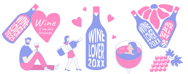 Set of Wine Lover Design. A woman relaxing in a giant glass of red wine. A man with a glass of wine. Lettring. Vector