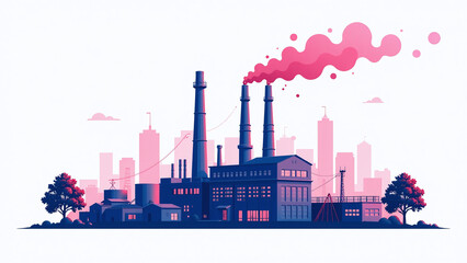 Obraz premium industrial factory smokestacks trees pink blue colors white background isolated