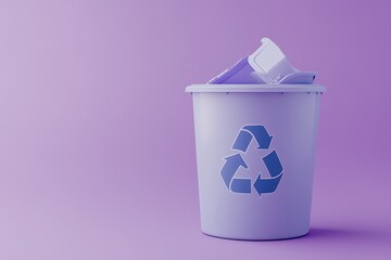 A purple recycle bin containing waste against a solid backdrop