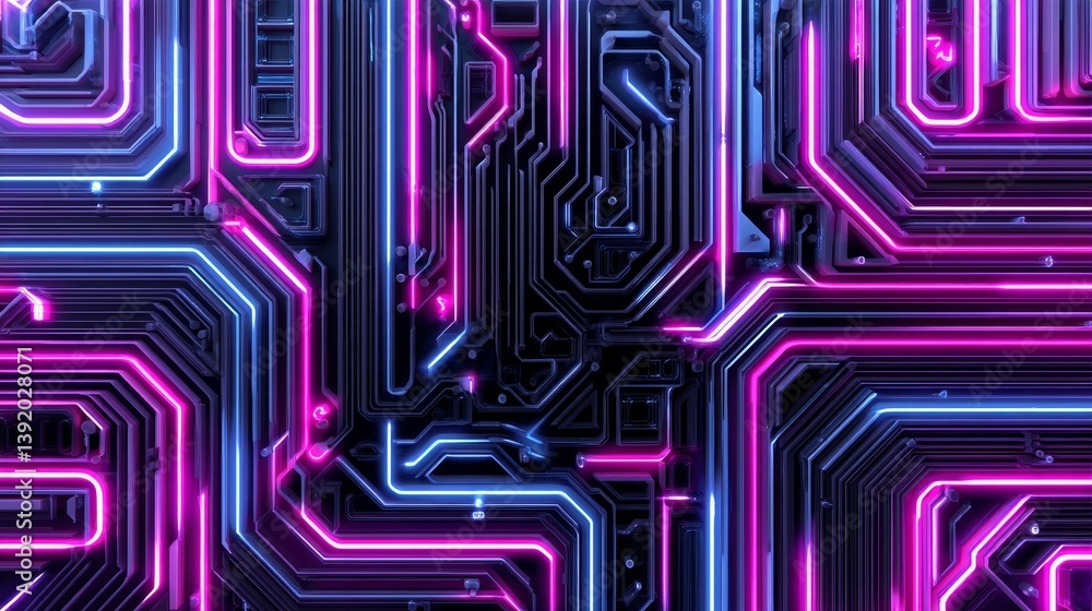 Poster a futuristic server code processing is depicted on a printed circuit board with a purple, violet, an