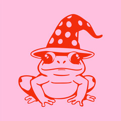 Cute toad in witch hat. Vector bright red isolated illustration on pink background