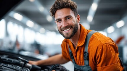 A smiling mechanic working on a car engine, conveying happiness and expertise in a garage setting.