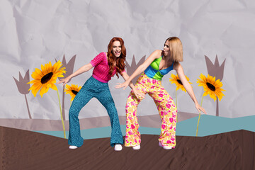 Pop zine full artwork collage of two happy girl guy dance together sunflower bloom field flower celebration party event summer © deagreez