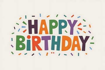 Fototapeta premium Colorful Happy Birthday Typography with Confetti Sprinkles on Beige Background – Fun and Cheerful Greeting Card Design for Kids, Party Invitations, Posters, and Digital Celebration Graphics