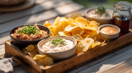 A wooden tray with chips, dips, and a jar of liquid on a wooden surface outside in the sunlight