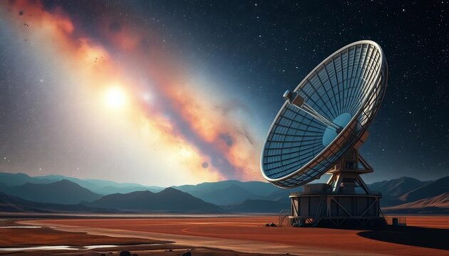 Giant satellite dish array scans the cosmos for extraterrestrial signals, array,  science fiction