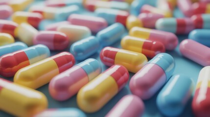 Colorful pills scattered on a surface