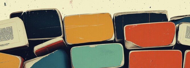 Colorful cut-out newspaper style banner displays stacked books with vibrant spines in retro colors. The artwork combines texture and visual interest, creating a unique aesthetic vibe