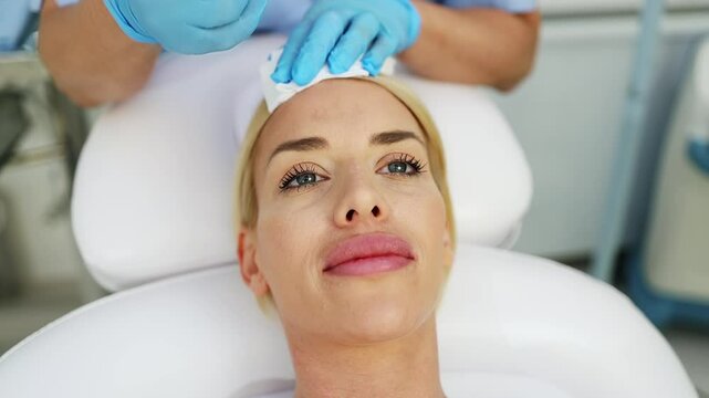 Young woman receiving hydra facial treatment for exfoliation, rejuvenation and hydration of her face skin. Modern facial hydro micro dermal abrasion peeling beauty procedure. Hydra vacuum cleaner.