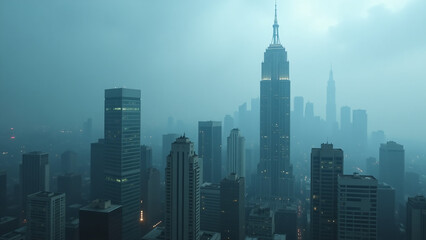 misty skyscrapers showcase towering buildings shrouded mist creating moody atmospheric urban landscape eerie
