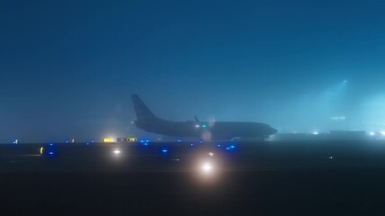 Airport LAX, Los Angeles, California, USA - MARCH 18, 2025: Experience sheer uniqueness of watching an aircraft taxi through thick fog and heavy rain immediately following safe landing on the runway