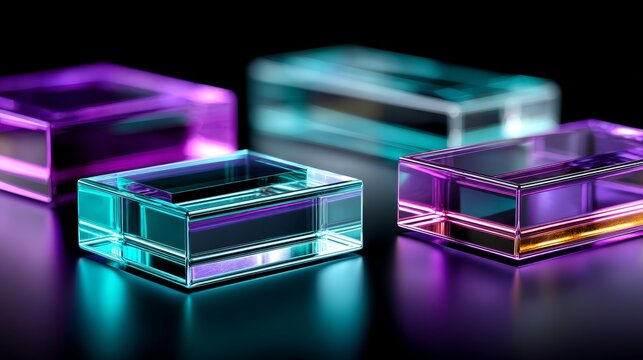 A modern tech aesthetic is achieved through the use of rectangular crystal panes, 3D transparent screens, iridescent edge glow, and glass-like reflections, all presented in varied orientations