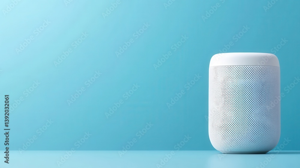 Poster modern smart speaker on minimalistic background with soft turquoise gradient and clean aesthetic des