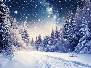 Fototapeta premium Snow covered forest under starry sky, winter landscape with evergreen trees and aurora borealis shining in darkness, clear night sky full of stars, tranquil and magical natural scene.