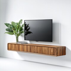A sleek modern floating wall-mounted media console crafted from rich walnut wood provides ample storage space for electronics and decor in a minimalist living room setting.