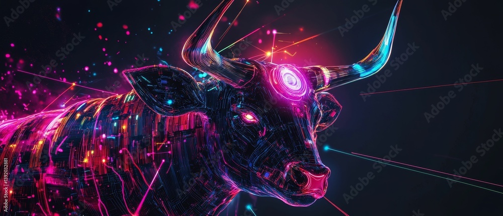 Poster abstract bull with glowing neon colors and digital network patterns.