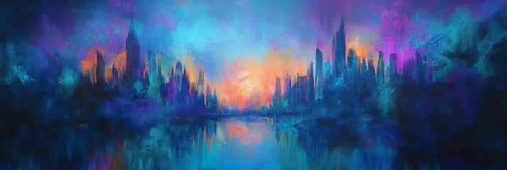Fototapeta premium Abstract cityscape reflection on water with colorful sky and blurred effect.