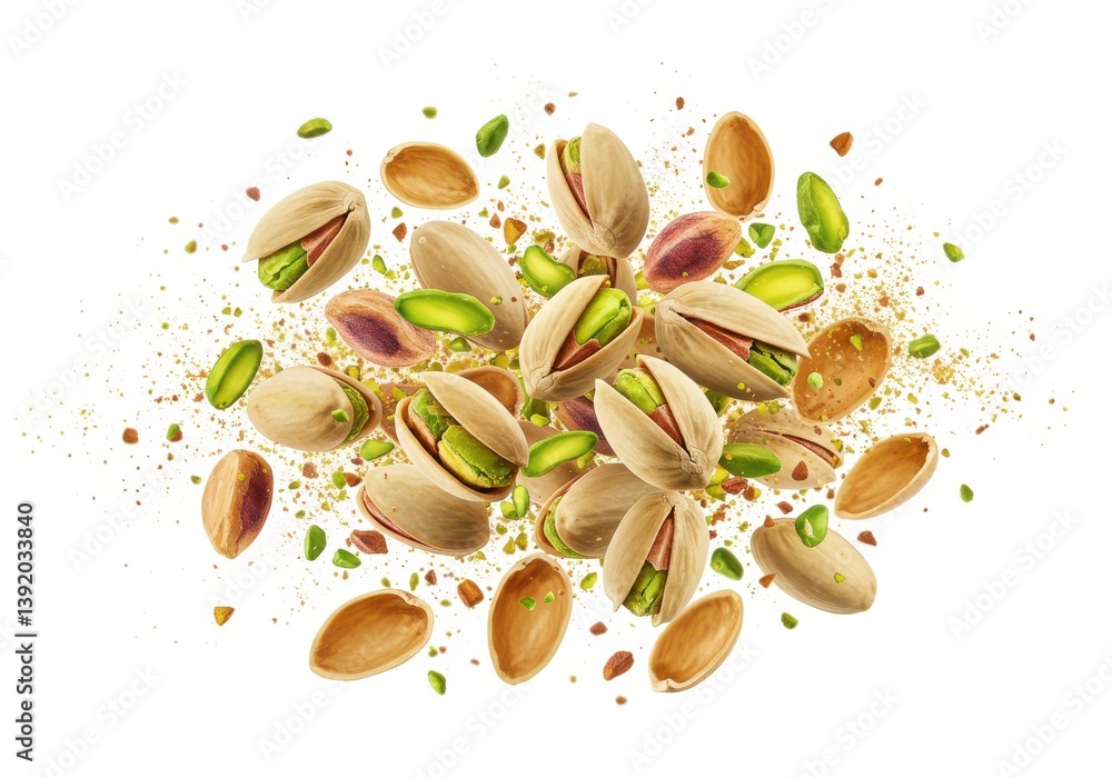 Poster exploding pistachio nuts floating green