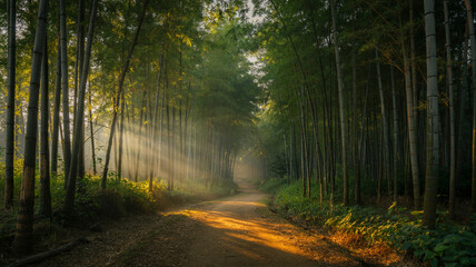 Naklejka premium Sunlight filters through bamboo trees along a serene path in a tranquil forest at dawn