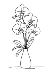Elegant Orchid Flower Vase Line Art – Minimalist Botanical Drawing in Black and White for Coloring Page or Wall Art Decor