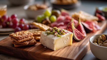 Close up of a charcuterie board with cheese crackers grapes and figs on a wooden serving board