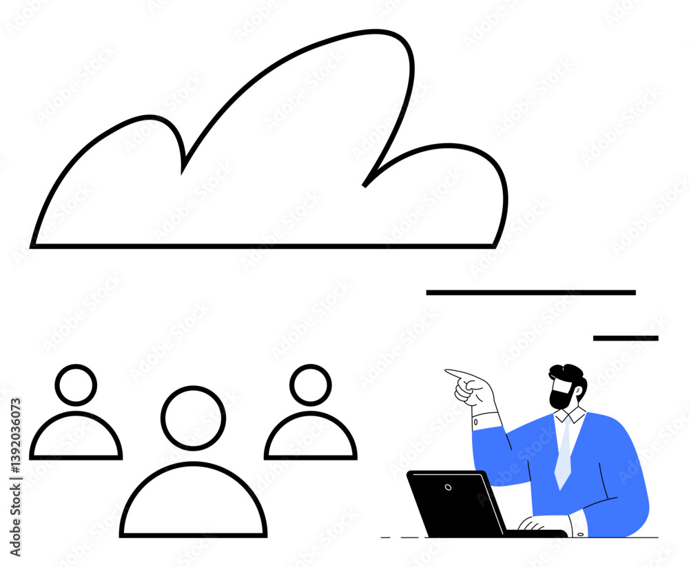 Aufkleber large cloud with three team members and a presenter pointing during discussion at a desk with laptop