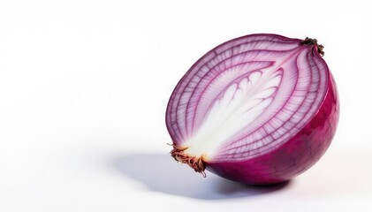 Halved red onion, showing rings, sharp focus, pristine white backdrop, healthy, texture, half