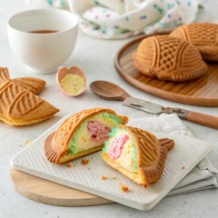 Colorful taiyaki filled with sweet cream, half cut to show filling, served with tea and additional snacks on a wooden board