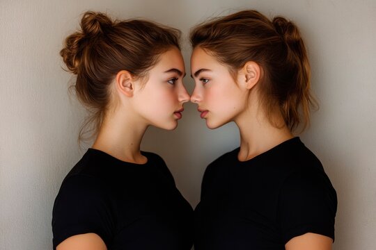 Two identical twin beautiful young women with their hair in buns, facing each other and touching foreheads, wearing black t-shirts, looking into one another's eyes.
