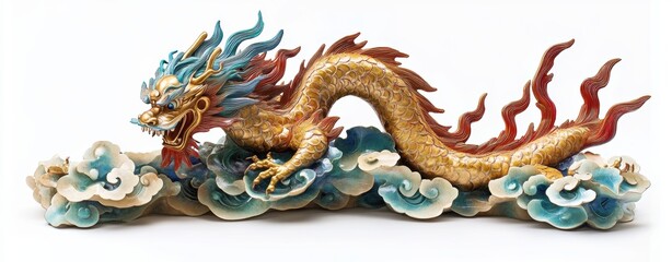 Obraz premium Majestic Dragon's Descent: A captivating close-up showcases a vibrant, artistically sculpted dragon, gracefully descending amidst stylized clouds, representing power and fortune.