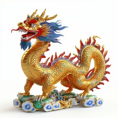 Fototapeta premium Golden Dragon Statue: A detailed statue of a golden dragon, a powerful symbol of strength, good fortune, and prosperity, stands in a pose, exhibiting artistic craftsmanship. 