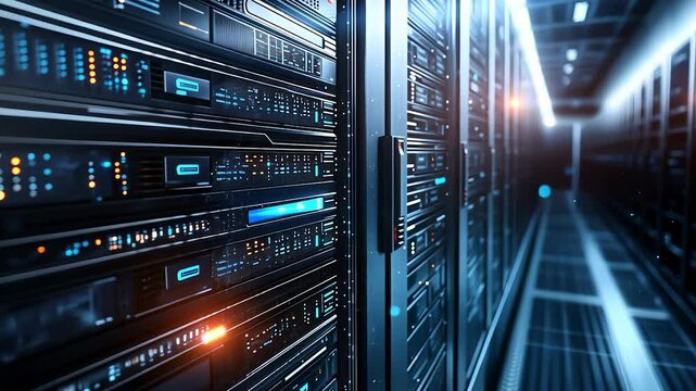 Data center servers with glowing lights. A data center rack with a nexus technological computer. It infrastructure hardware networking servers and hardware networking. Servers in lifestyle data. - Powered by Adobe