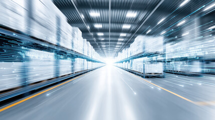 Fototapeta premium Efficient logistics warehouse with abstract motion blur, showcasing shelves filled with goods and bright light end, symbolizing speed