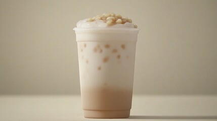 Creamy Iced Beverage with Nut Topping in Plastic Cup