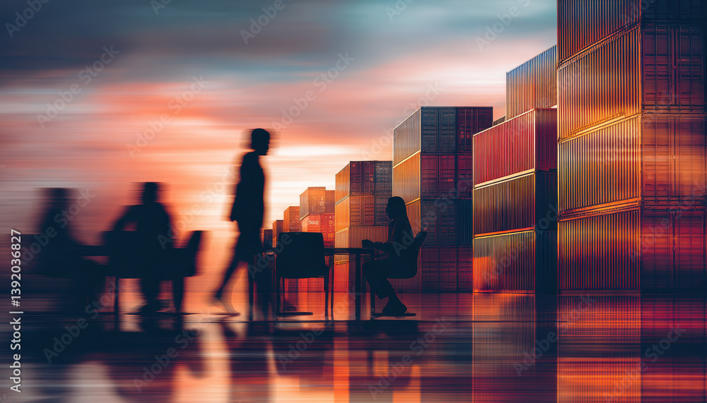 Poster blurred silhouettes in meeting room with shipping containers in background create dynamic atmosphere