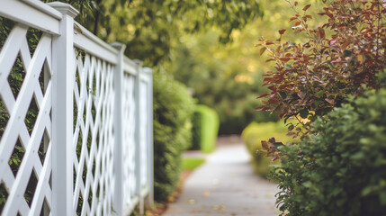 Fototapeta premium Vinyl Fence Framing a Beautiful Garden Path and Trees in the Background