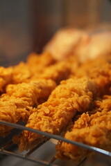 close up chicken wings, fish and chips, chicken tenders, chicken stripes, fried chicken, fast food, crispy chicken and assorted meats on the grill with sauce, and a delicious barbecue meal