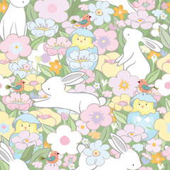 Cute easter  bunny easter egg  and bird in flower garden seamless pattern