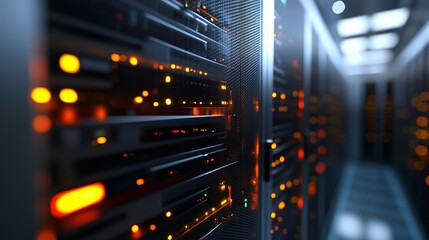 Data center servers with glowing lights. A data center rack with a nexus technological computer. It infrastructure hardware networking servers and hardware networking. Lifestyle servers in data.