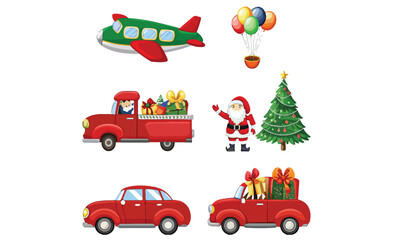 set santa claus delivering gifts merry christmas happy new year holidays celebration concept horizontal full length vector illustration