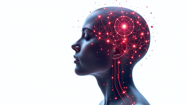 ometric shapes red neon lights symbolize artificial intelligence futuristic human head digital elements pure white