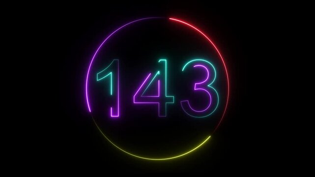 A dynamic circular animation, and glowing neon number 143 animation . on a black background. and creating a stunning video.4k video