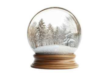 Enchanting snow globe Winter wonderland scene inside a glass sphere on wooden base isolated on transparent background