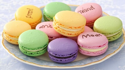 Obraz premium Colorful Macaroons on a Plate, Pastel Dessert Treats