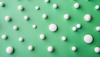 淡い緑色の背景に散りばめられた白い水玉が、自然の中のランダムな模様を再現し、軽やかで風通しの良い印象を与える心地よいデザイン。

